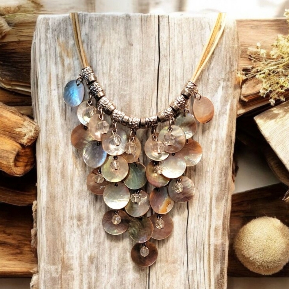 Yousi Mother of Pearl Fringe Disks Acrylic Faceted bead Corded Necklace signed